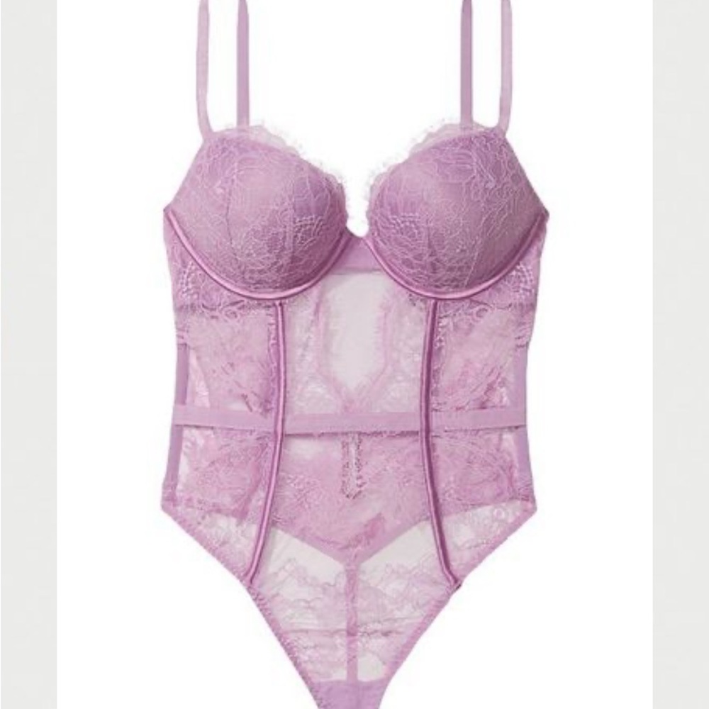 Victoria's Secret push up Lace Cut Out Teddy Purple Add 2 Cup Lace Bodysuit NWOT